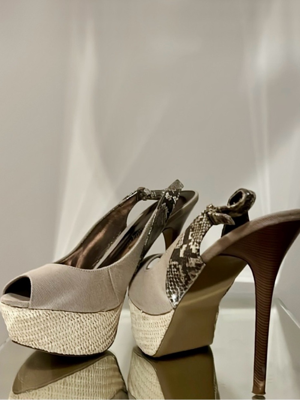 Platform Peep-Toe Slingback Heels in Taupe with Snakeskin Accent